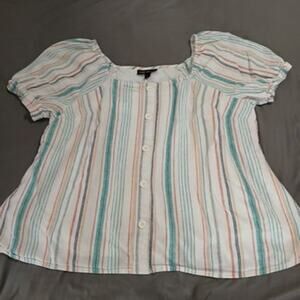 Lane Bryant 18 cap-slv fully-line white/aqua/coral vert-stripes linen blnd top